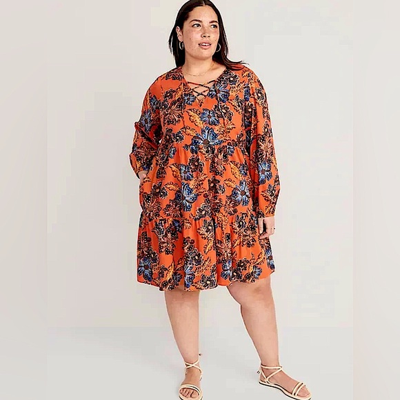 OLD NAVY Orange Lace up Tier Floral Cotton Rayon Mini Swing Dress Pockets, XLP - Picture 1 of 17